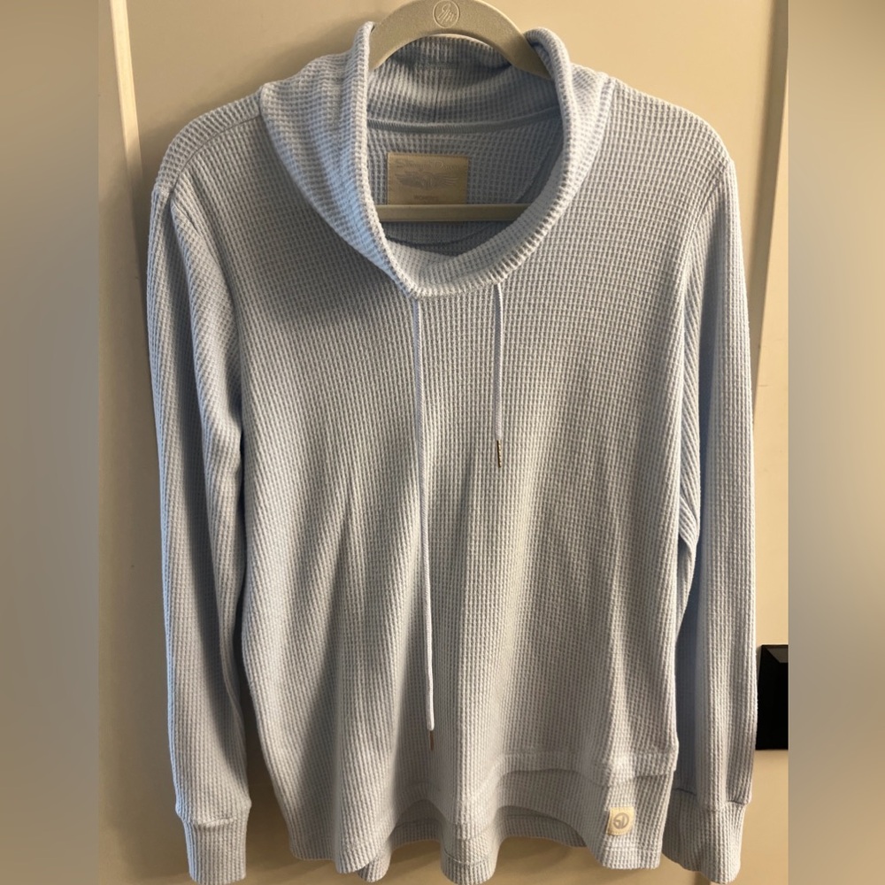 Womens’s “Straight Down” Waffle Knit Cowl Neck Sky Blue Pullover
